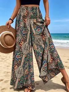 2026 Women's Boho Vintage Print Wide Leg Pants High Waisted Flowy Palazzo Summer Vacation Outfit Mother's Day Gift