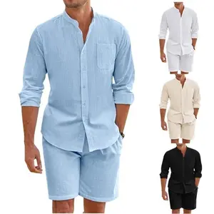 Daily Casual Breathable Cotton Linen Outfits Mens Vintage Stand Collar Button-up Shirts And Shorts Sets For Men Clothing Summer Fathersdaygift Long Sleeve