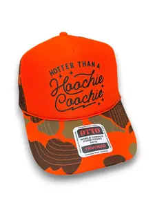 Hotter Than A Hoochie Coochie | Funny Neon Orange Camo Trucker Hat