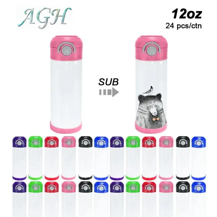 USA 24pcs 12oz Water Bottle Bounce Lid Sublimation Blank Tumbler Cups With Portable Handle Stainless Steel Sippy Cup for DIY Gift
