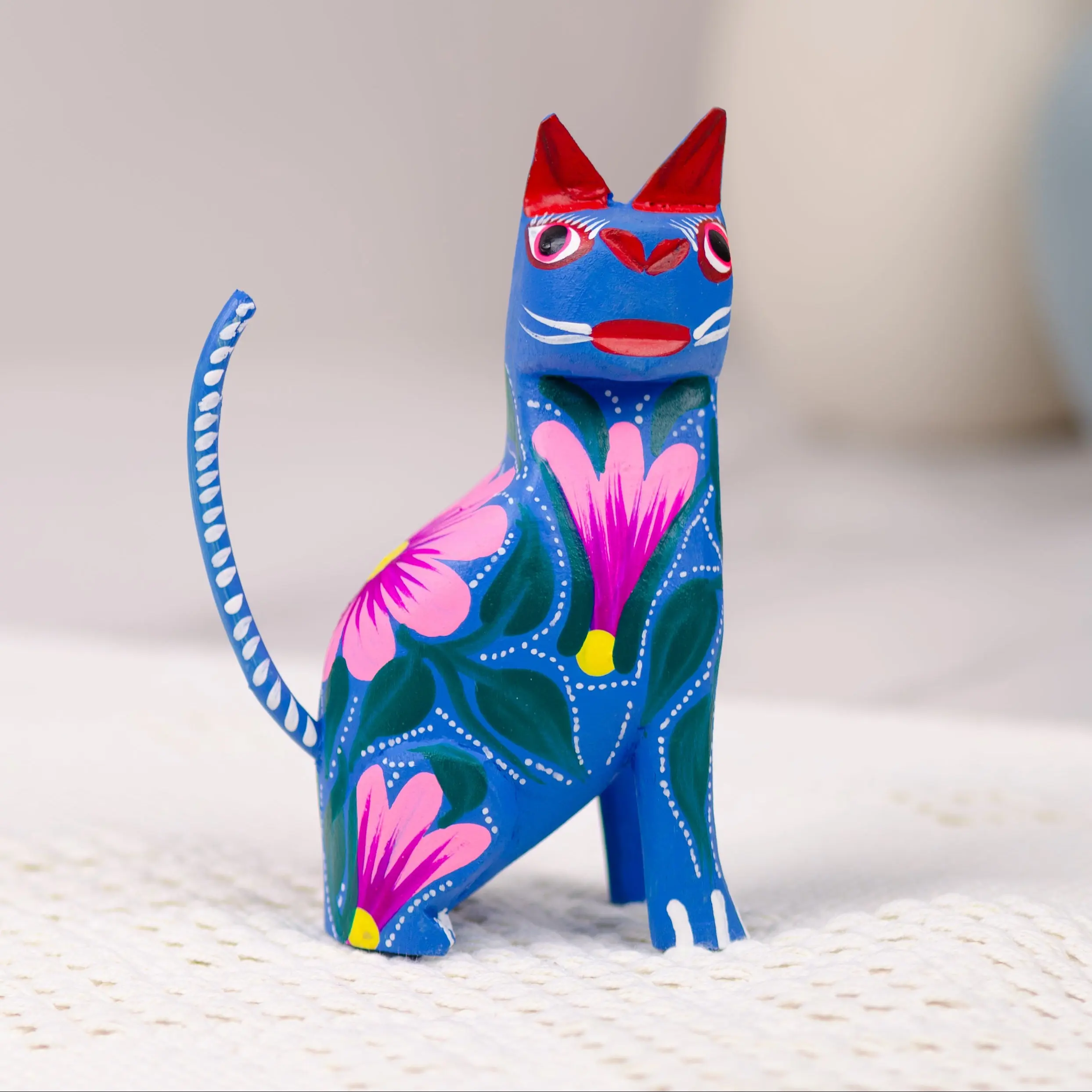 Large Hand-Painted Sitting Cat Wooden Figurine - 1.5” Wide, 2.5” Long, 4” Tall Colorful Wooden Decor, Unique Piece Traditional Home Ornament with Flower Accents for Living Room