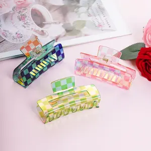 6PCS Checkered Hair Claw Clips for Thin Thick Hair Checkered Hair Clips Acrylic Small Claw Clip with Strong Hold for Women Long Short Hair - Cute Simple Fabric Art Design for Women Flat