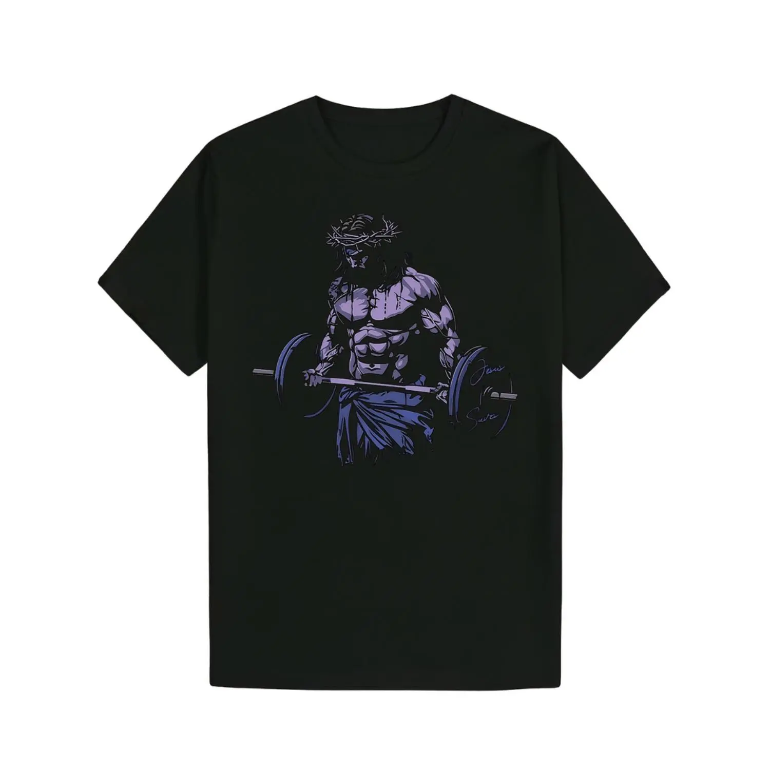 Men's Summer Casual Graphic T-Shirt - Black Bodybuilder Jesus Christ Weightlifting Art Print, 100% Polyester Round Neck Tee, Machine Washable Regular Fit Gym & Casual Wear, Gym Shirt, Artistic Workout Apparel