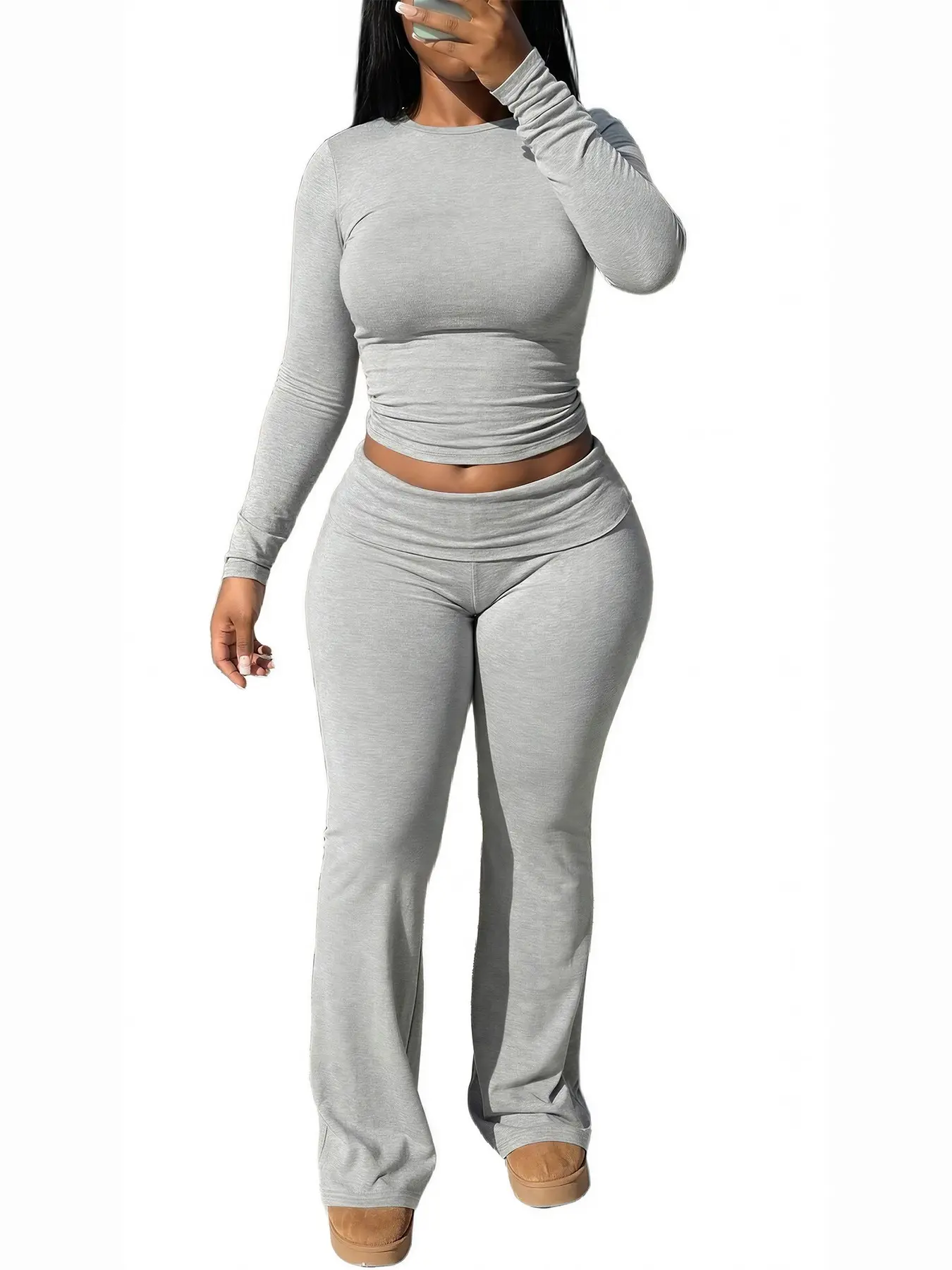 Women's Two-Piece Set Outfit Clothes Long Sleeve Short Top Ruched & Bell-Bottom Pants, Y2K Street Style Casual Slim Fit, Sexy Fashion for Festivals/nightclubs 2026