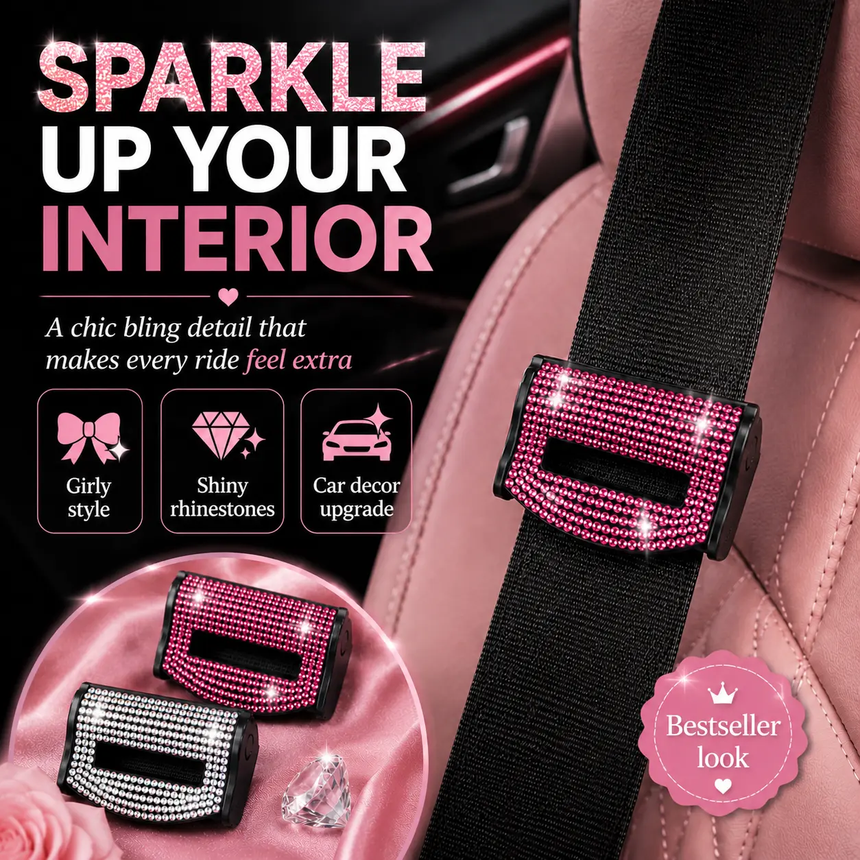 Bling Pink Rhinestone Seat Belt Clip, Sparkly Crystal Car Seat Belt Adjuster Stopper, Comfort Seatbelt Lock Clip, Cute Interior Car Accessories for Women