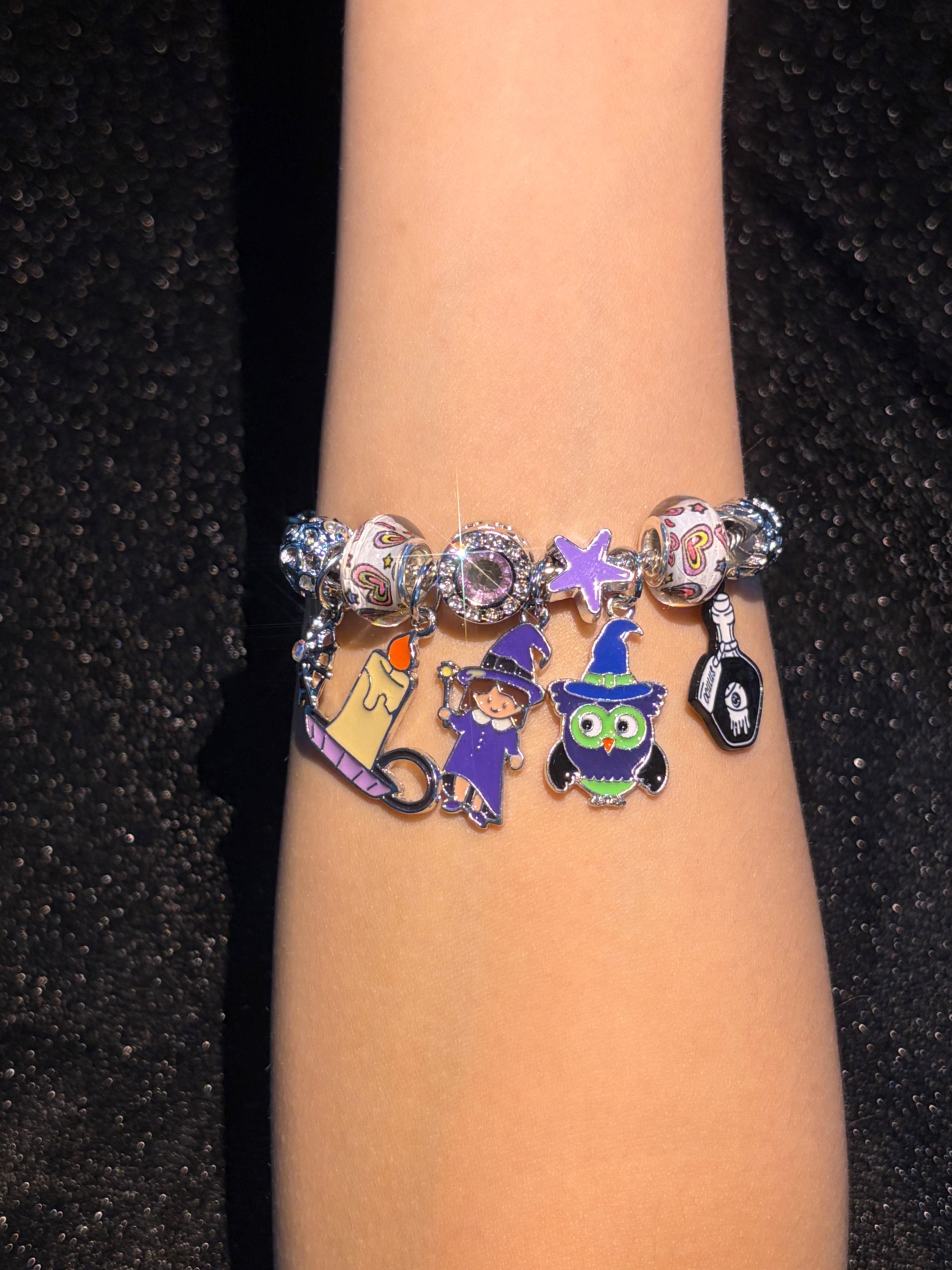 Silver Tone Halloween Magic Theme Charm Bracelet, Adjustable Snake Chain With Witch Owl Candle Crystal Ball Dangle Charms, Color Printed Glass Beads Rhinestone Spacer Beads, Stackable Cute Festival Jewelry, Party Cosplay Accessory for Women Teen Girls