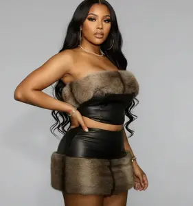 Tube Two Piece Faux Fur Winter Mini rhinestone Skirt Set- By Prima DND