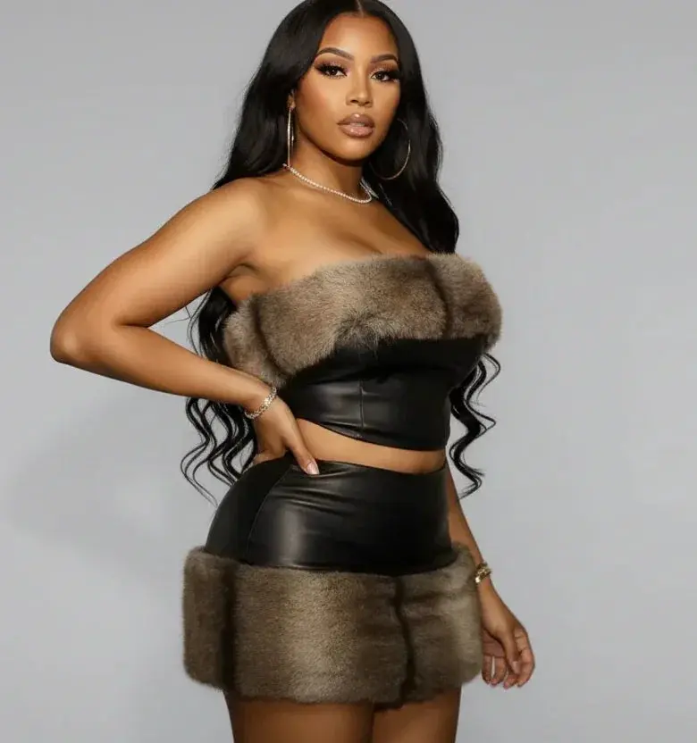 Faux Fur Skirt Set - Two Piece Mini Rhinestone Skirt and Top Set for Parties
