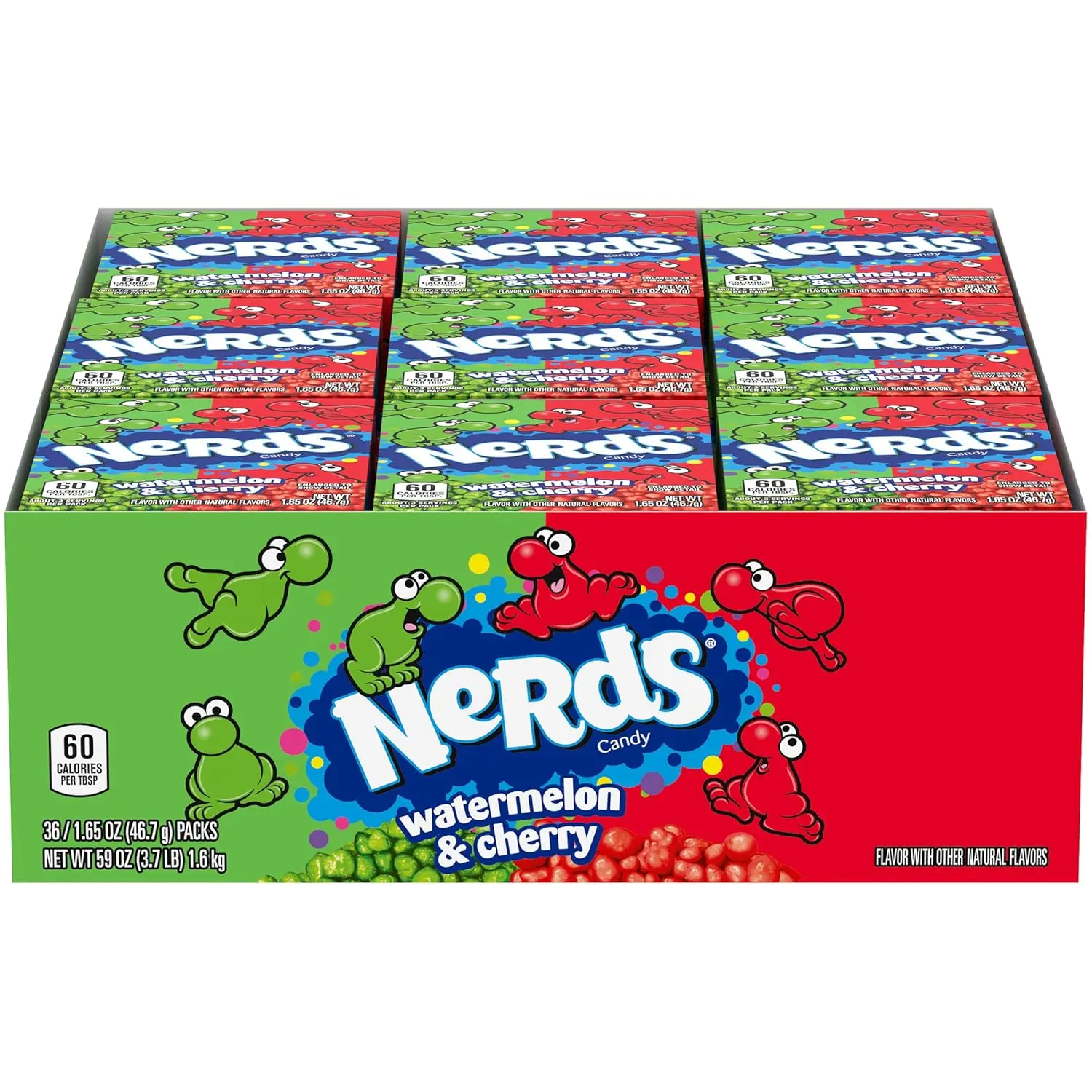 Nerds Watermelon & Wild Cherry 36 ct. - Tiny Irregular-Shaped Crunchy Candy Pieces with a Hard Sugar Shell in Watermelon and Cherry Flavors - 36 Count Box Snack Sweet