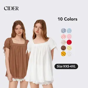 Cider Square Neck Solid Ruffle Knotted Short Sleeve Blouse - Casual Summer Top with Puff Sleeves and Fitted Fit