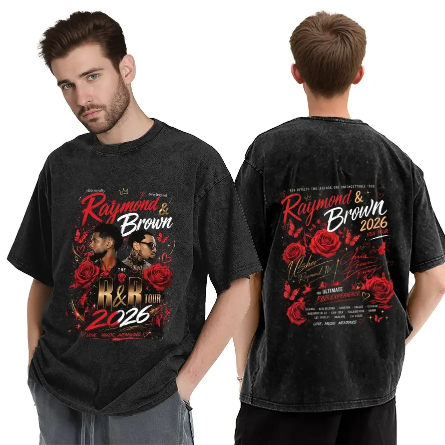 Brown Raymond T-Shirt, "Breezy" Raymond & Brown Tee, The R&B Tour 2026 Wear, Red Roses Graphic Top, Two Legends One Unforgettable Tour Apparel, Vintage Acid Washed Merch, Team Breezy Hip Hop Concert Gear, United States Unisex Oversized Black Clothing