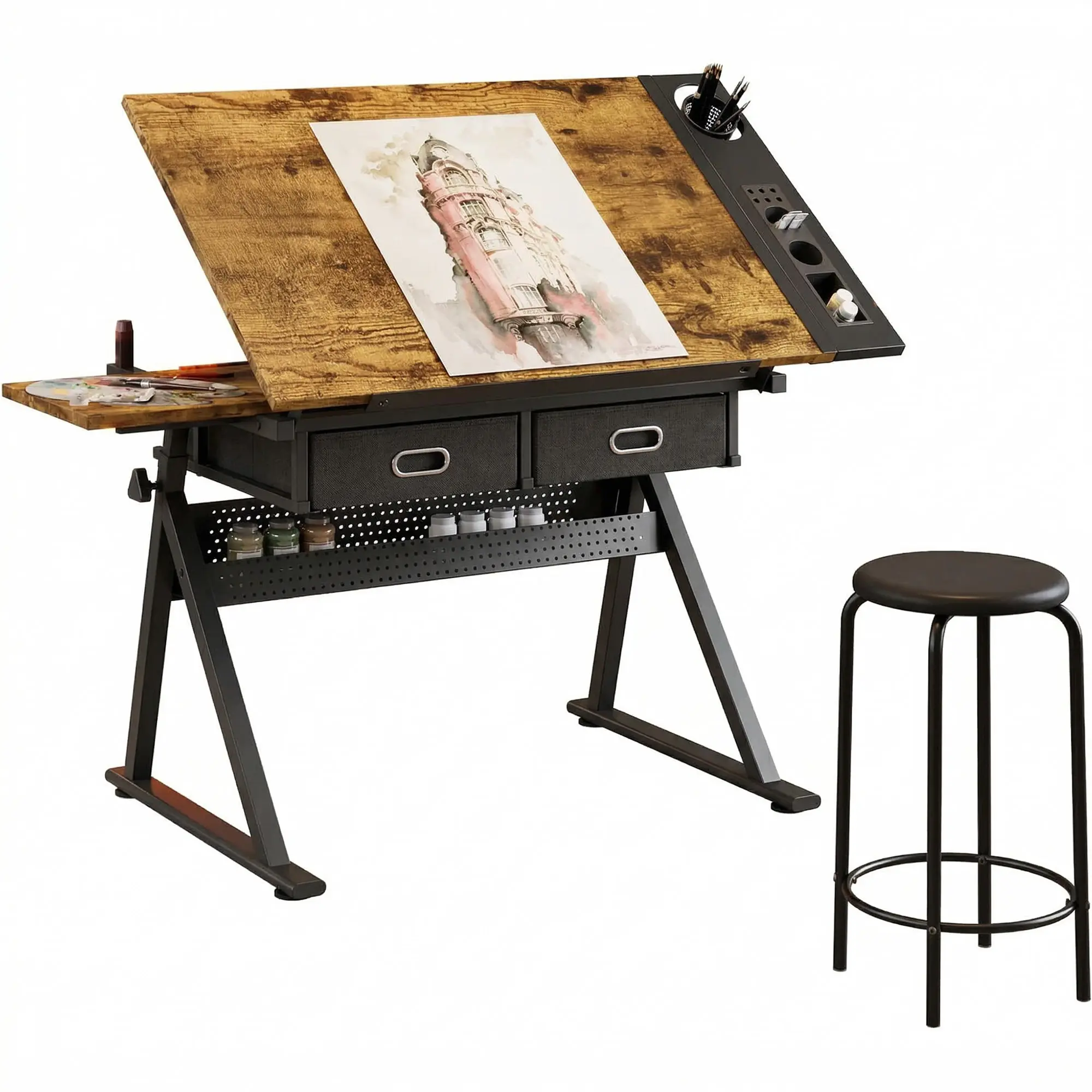 Adjustable Height Drafting Table for Artists – Tilting Tabletop 0-75°, 2 Storage Drawers, Stool Included – Versatile Art Desk for Painting, Sketching, Crafting – Ideal for Home Studio