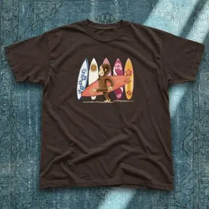 Brown Curious Monkey monkey surfing cotton tee unisex Vintage y2k Inspired Baby Tee,  aesthetic graphic tshirt, summer tee, 90s,y2k