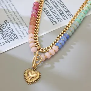 Women's Layered Rainbow Beaded Choker Necklace - Chunky Gold Cuban Link Chain, Puffy Heart Pendant, Pastel Ombre Stone Bead Strand, Toggle Clasp - Summer Beach Costume Jewelry engagement anniversary party jewelry gift