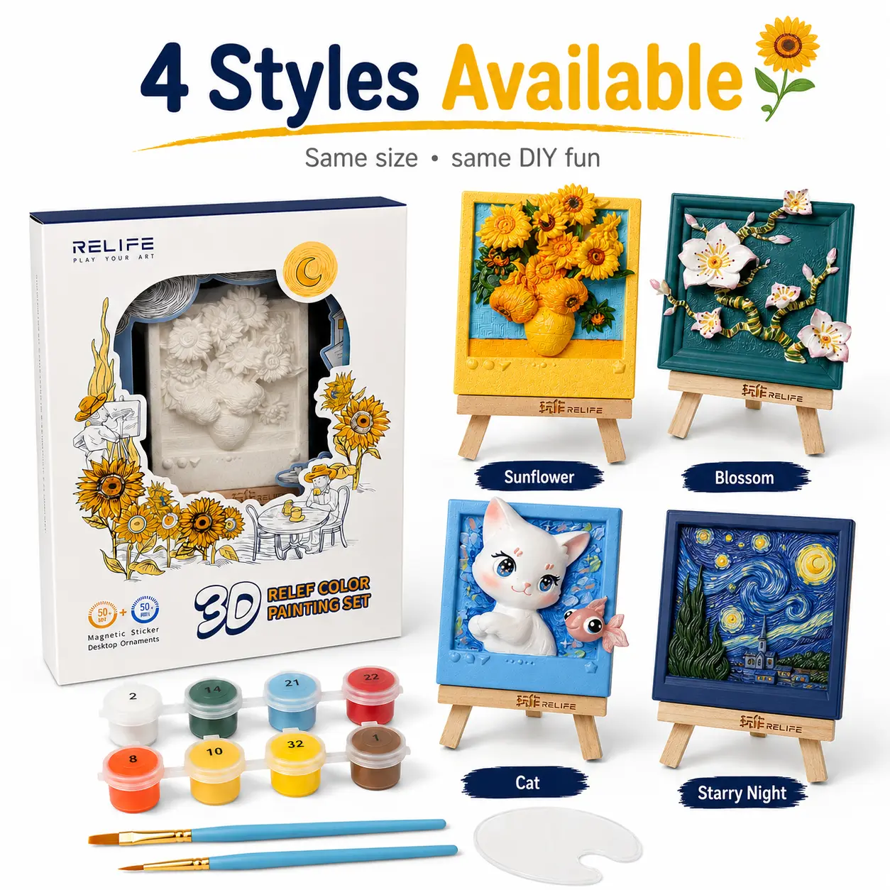 3D Relief Painting Kit, Mini DIY Art Set with Paints, Brushes, Palette and Wooden Easel, Beginner Craft Gift for Adults sohochic
