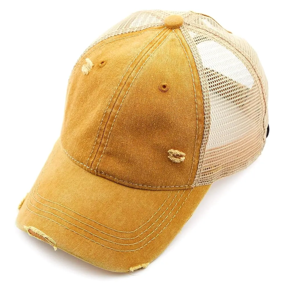 C.C Hatsandscarf Washed Distressed Denim Ponytail Baseball Cap with Adjustable Strap in Mustard