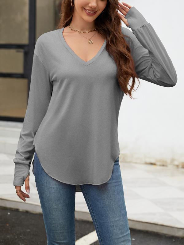 Renaishow Womens Deep V Neck Tunic Tops Long Sleeve Oversized Casual Loose Fit Curved Hem T Shirts with Thumb Holes Blouses Light Breathable Solid