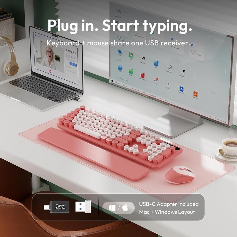 Wireless Keyboard and Mouse Combo, Typewriter Keyboard with Detachable Wrist Rest, Full-Size Retro round Keycaps, Smart-Sleep, 2.4Ghz Stable Connection for Mac/Windows/Pc, Trueque(Blush Pink)