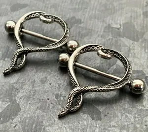 PAIR of Beautiful Heart Design with Tentacles Steel Nipple Barbells / Shields / Rings