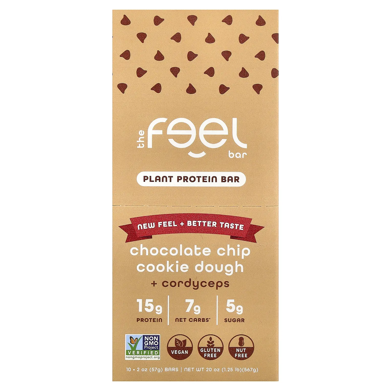 The Feel Bar Plant Protein Bars, Chocolate Chip Cookie Dough + Cordyceps, 10 Bars, 2 oz (57 g) Each