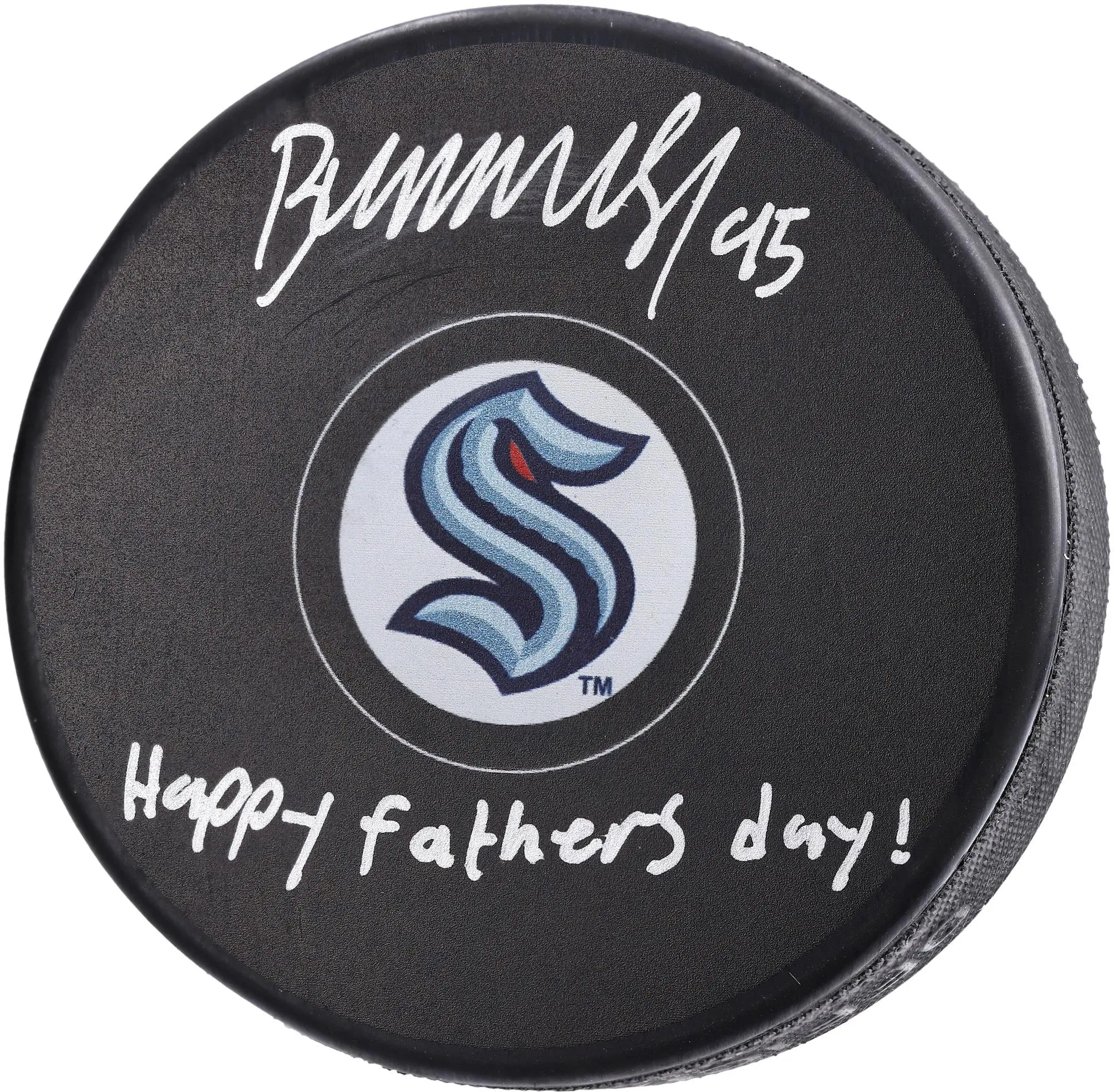 Andre Burakovsky Seattle Kraken Autographed Hockey Puck with "Happy Father's Day!" Inscription - NHL Auctions Exclusive - Fanatics Authentic Certified