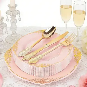 50-Piece Plastic Plate Set with Edges, Heavy-Duty Vintage Style Dinnerware Sets, Tableware Set, Includes Dessert, Dinner, Knife, Fork, Spoon for Parties, Disposable