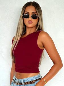 women's plain asymmetrical neck ruched tank top, casual fashion slim-fitting top for summer, women's clothing for daily wear, fall&winter clothing, womenswear,  crop tops, clothe
