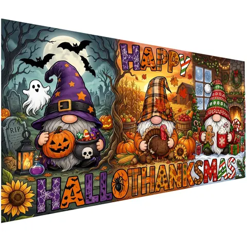 Hallothanksmas Gnome Diamond Painting Kit - 15.7x31.5in Large Gem Mosaic DIY Holiday Crafts Hobbies Kit for Adults, Cool Christmas Diamond Art Gifts, Diamond Art Kits