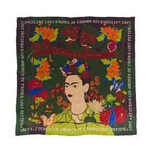 FRIDA x LOST PATTERN "Los Amores de Frida" Large Silk Scarf - Dark Green