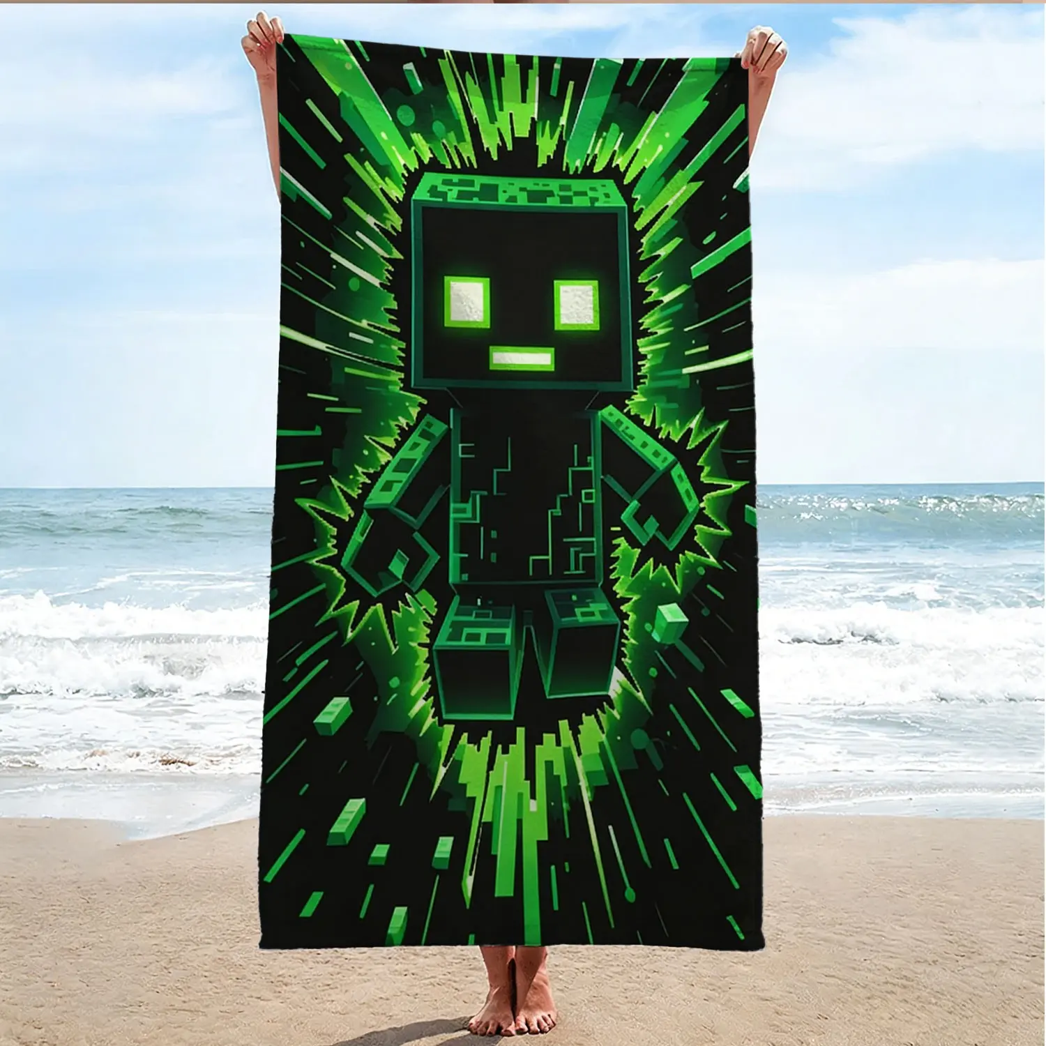 Pixel Robot Beach Towel, Soft Absorbent Skin-Friendly Comfort, Cyberpunk Pattern, Durable No Fading, Ideal for Gamers and Trendy Youth, Water Absorbent Towel