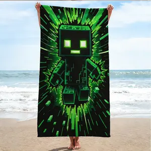 Pixel Robot Beach Towel, Soft Absorbent Skin-Friendly Comfort, Cyberpunk Pattern, Durable No Fading, Ideal for Gamers and Trendy Youth, Water Absorbent Towel