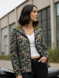 Women's Lightweight Camouflage Jacket with Adjustable Hooded Collar - Leopard Print Green/Brown, Machine Washable Fall Winter Outerwear, Casual Zipper Jacket for Daily Wear & Outdoor, Versatile for Jeans & Dresses, Outdoor Outerwear, Dress Layering