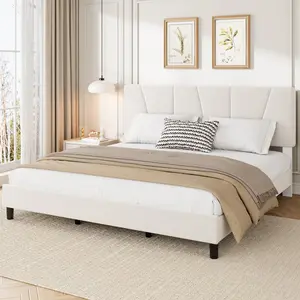 Upholstered Platform Bed Frame with Adjustable Headboard, Strong Wooden Slats Mattress Foundation, No Box Spring Needed, Easy Assembly
