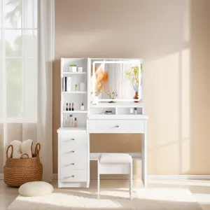 Makeup Vanity Desk with Mirror and LED Lights, 3-Color Adjustable Brightness, 5 Storage Drawers, Side Table with Open Shelf, Stool Included, Elegant White Bedroom Furniture