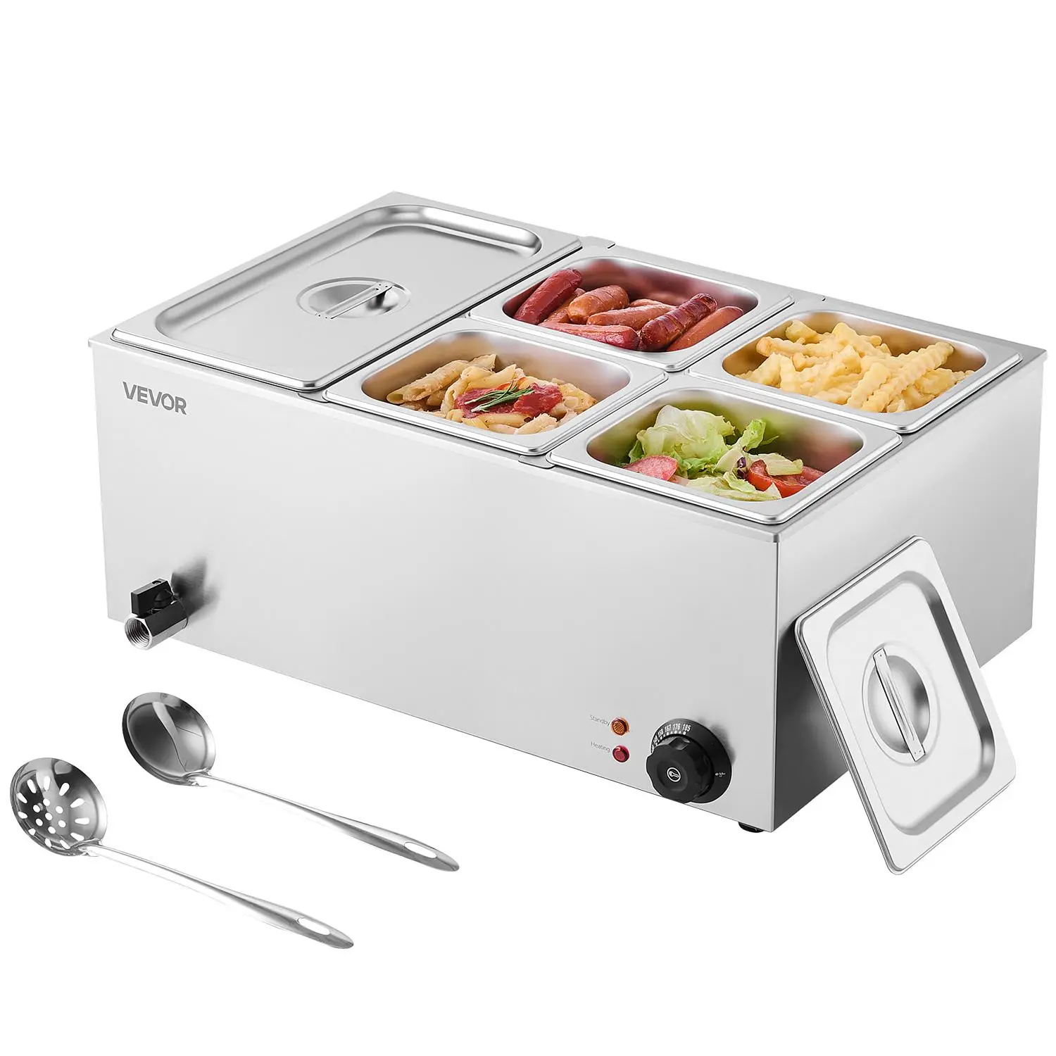 【Summerfinds】VEVOR 24QT Commercial Food Warmer,  , 5-Pan Electric Steam Table, 1200W Professional Countertop Stainless Steel Buffet Bain Marie with 86-185°F Temp Control for Catering, Buffet, Parties, Restaurants