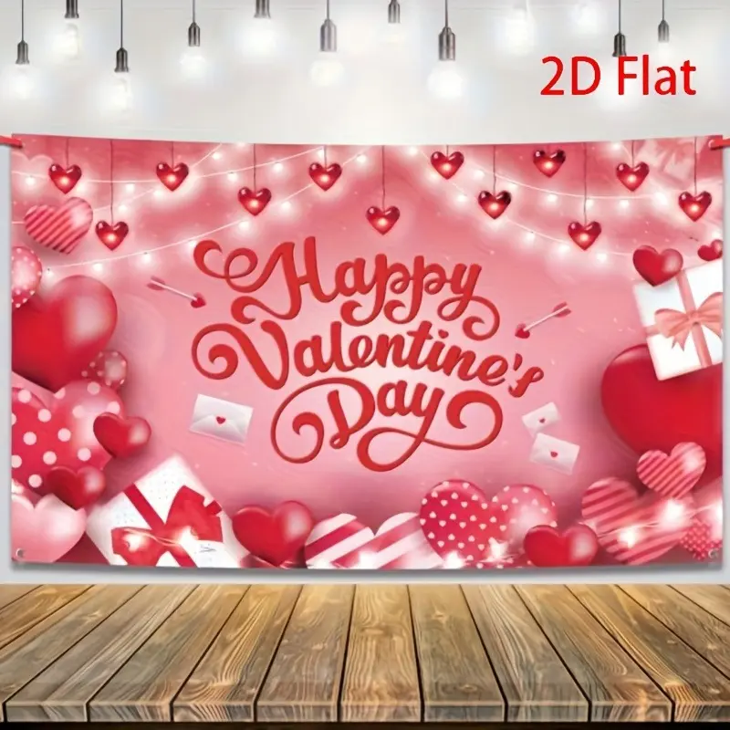 Romantic Red Heart Valentine's Day Backdrop – "Happy Valentine's Day" Script, Heart Lights & Gifts (Pink Red), Perfect for Couple Dates & Valentine Gatherings, Brings Sweet Romantic Vibe, A Lovely Valentine Gift, 2D Print