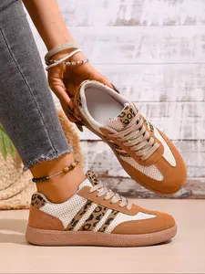 Women's Leopard Patchwork Sneakers, New Vintage Style Casual Board Shoes, Trendy Unique Design Soft Sole Sports Single Shoe