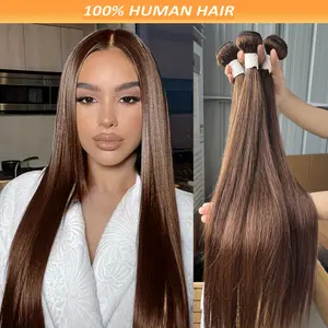 Wholesale 2025 NEW [Aolvoblees, Remy Human Hair] 3PC Deal Aolvoblees Remy Human Hair - Bone Straight Brown Brazilian Straight Hair Weave Bundles - Chocolate Brown