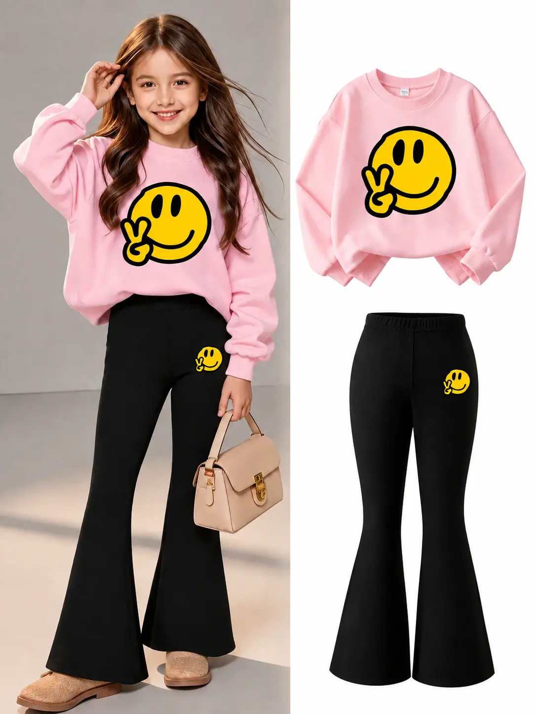 Girls' 2-Piece Casual Outfit, Pink Printed Lightweight Sweatshirt & Flared Leggings Set, Thin Non-Fleece Fall Back-to-School Fashion Kids' Clothing