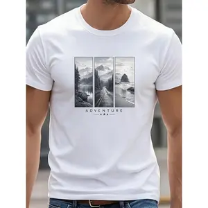 Exploration Journey Landscape Print Short Sleeve, Round Neck Top, Casual Short Sleeve T-Shirt, Men's Clothing