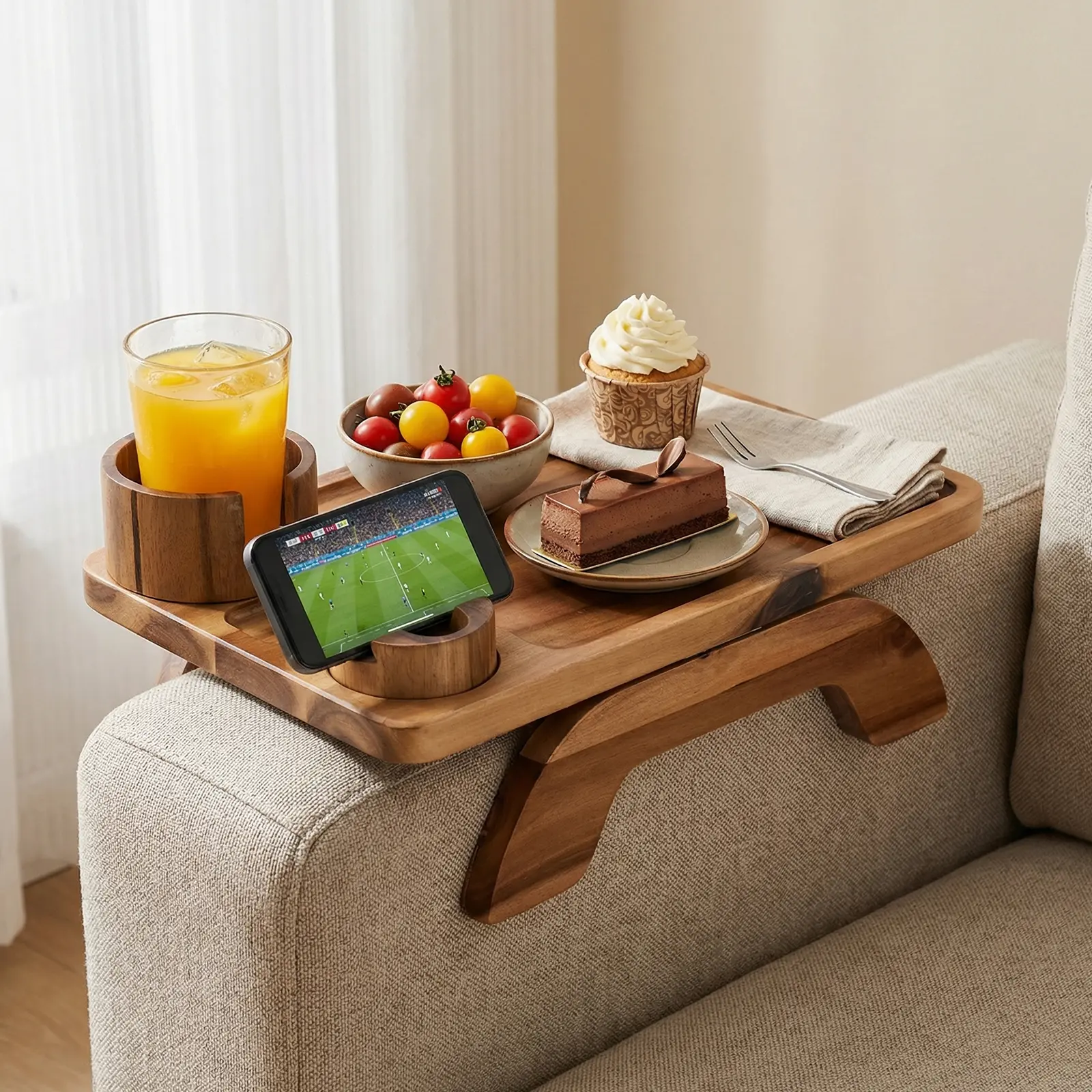 Acacia Wood 3-in-1 Sofa Arm Tray - Clip-On Couch Caddy with Rotating Cup Holder & Phone Stand for Living Room