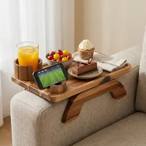 Acacia Wood 3-in-1 Sofa Arm Tray - Clip-On Couch Caddy with Rotating Cup Holder & Phone Stand for Living Room