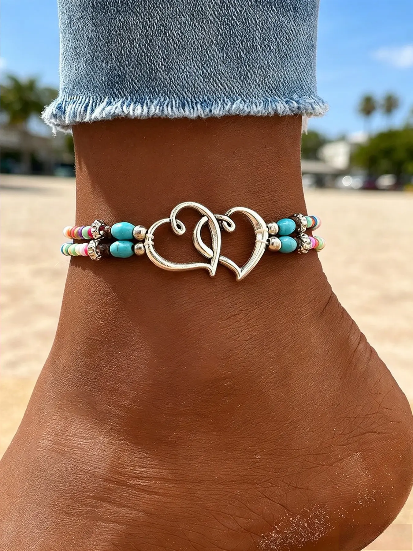 3PCS/Set Boho Anklet & Bracelet Combo, Turquoise & Shell Beads, Elastic Cord, Double Heart Accent, Thoughtful Gift for Her, Perfect for Summer, Birthdays & Boho Lovers, Lightweight & Comfortable, Ideal for Daily Wear, Vacation & Summer Outfits