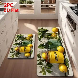 2pcs/3pcs Flannel Kitchen Mat Set, Vintage Lemon Theme, Non-Slip, Absorbent, Ideal for Kitchen, Bathroom, Laundry Room, Hallway