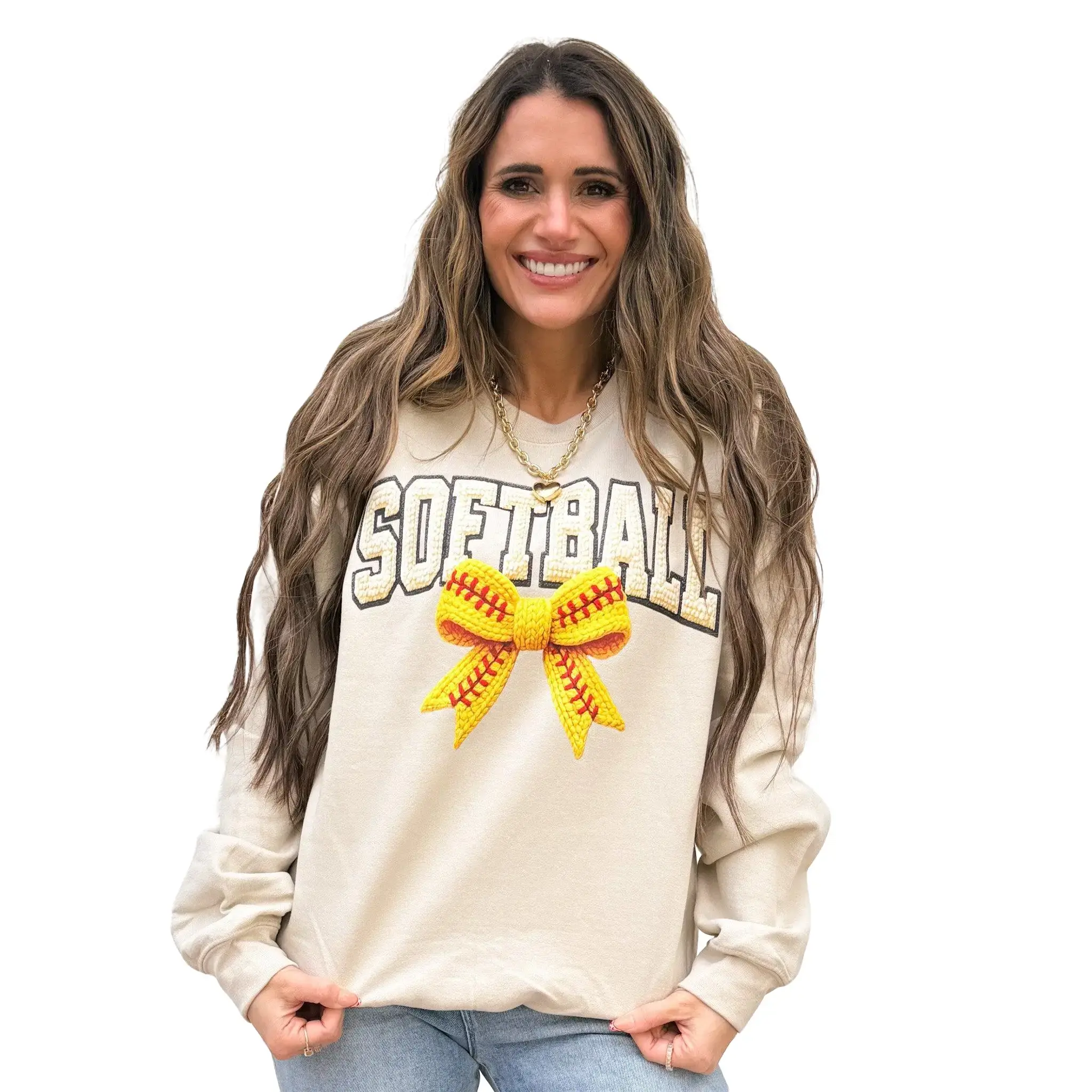 FAUX Bow Yarn Softball or Baseball Bow, Crochet Sports, Softball Mom Sweatshirt