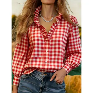 Vintage Red Gingham Ruffle Collar Button Front Blouse Bell Sleeve Plaid Top Women Casual Dressy Holiday Shirt