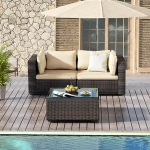 3 Piece Patio Furniture Set All Weather PE Rattan Outdoor Sectional Sofa Couch with No-Slip Cushions and Glass Top Table for Garden, Poolside, Backyard