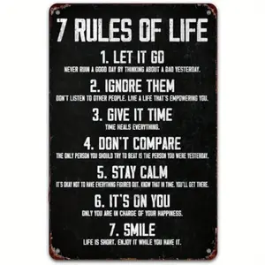Funny Tin Sign 7 Rules of Life Retro Metal Sign for Home Living Room Bedroom Decoration Gift Bar Coffee Shop Kitchen Wall Decoration 8 X 12 Inches
