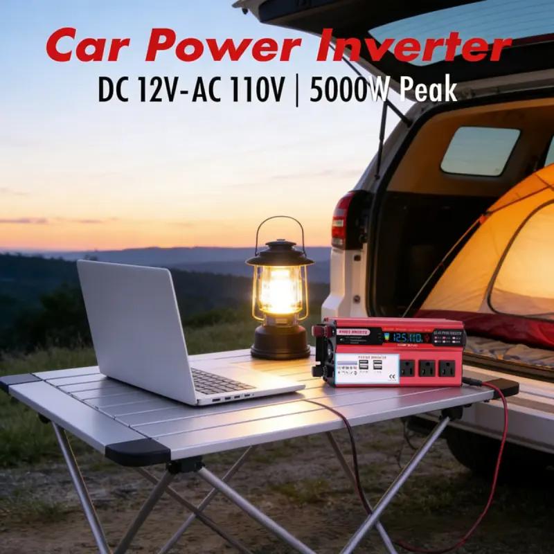 Multi-Function Vehicle Power Inverter DC 12V to 110V AC with 3 AC Sockets 4 USB Charging Ports 5000W Peak Output Compact Car Adapter for Outdoor Travel RV Truck Camping and Daily Emergency Power Supply