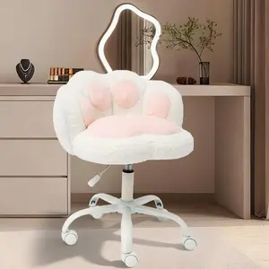 Vanity Chair with Cat Paw Back,Armless Desk Chair Cute Small Office Chair with Wheels ,Teddy Fabric 360°Rotating Computer Chair,Adjustable Height for Vanity,Kids Room,Office,Bedroom